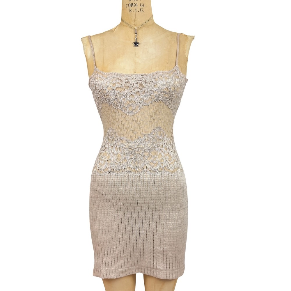 Vintage Metallic Champagne Sheer Lace Dress Mini Ethereal Fitted Ribbed Skirt XS